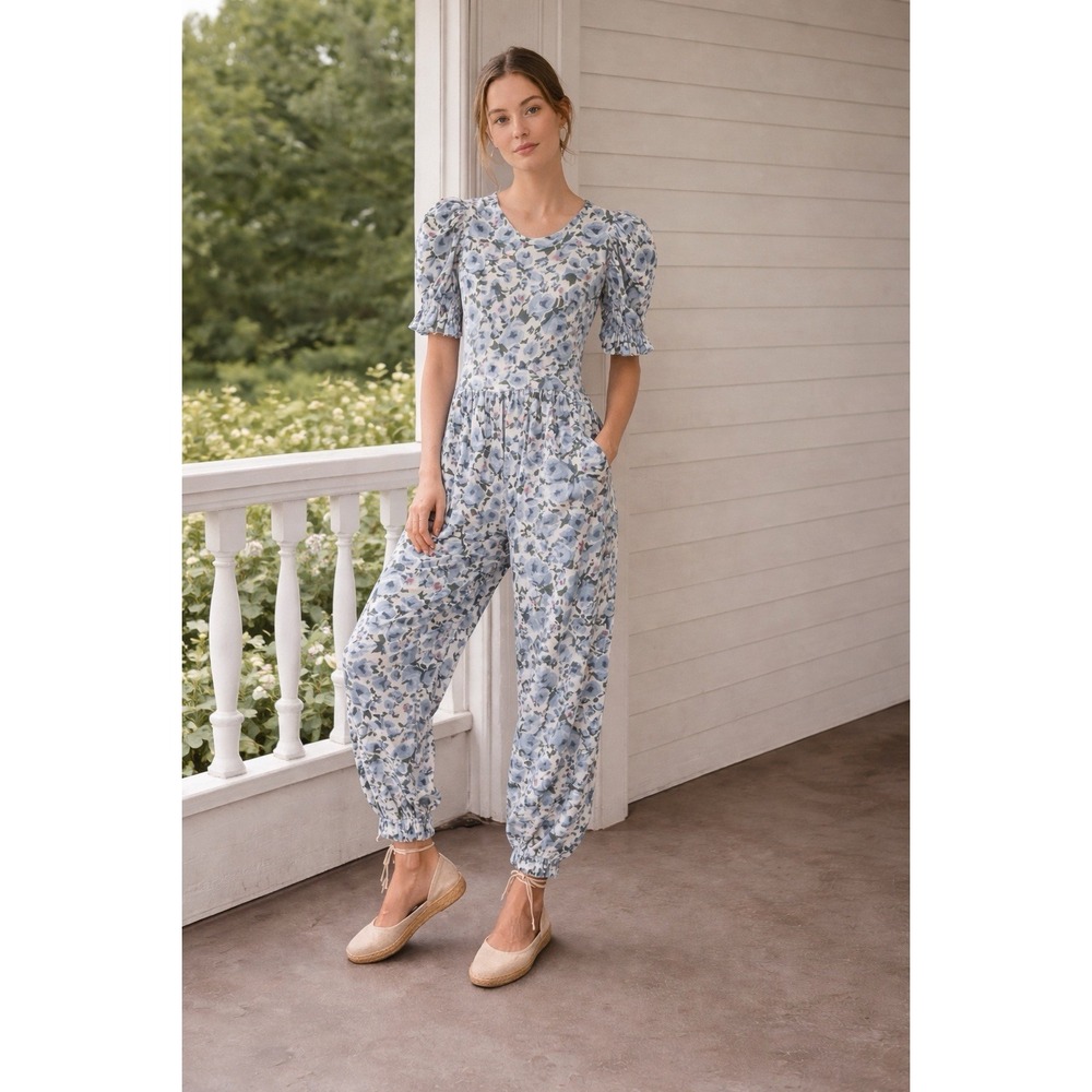 Vintage Deborah Laus Floral Jumpsuit‎ Cottagecore Puff Sleeve Prairie Romper USA - Picture 2 of 9